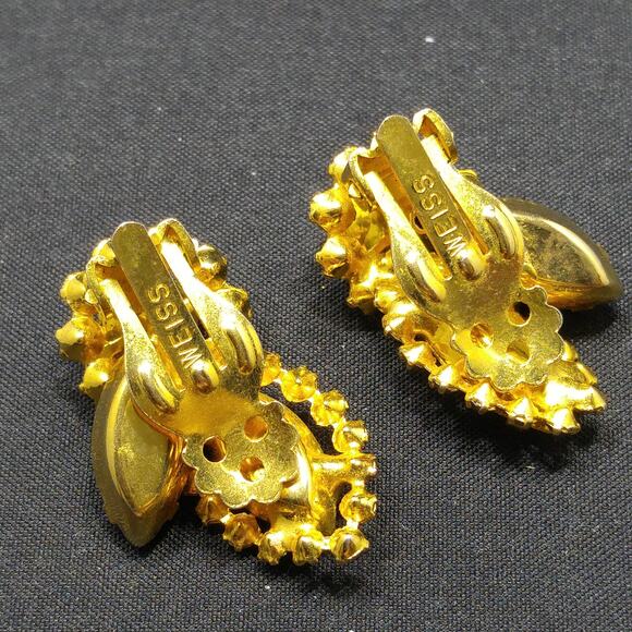 Weiss Green Clear Rhinestone Earrings, Gold Plated, 1960s Vintage Jewelry - Picture 10 of 10